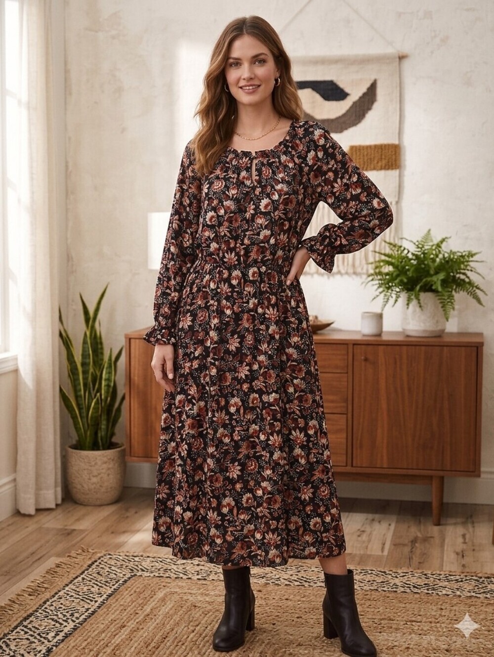 TALBOTS Women's Black Floral Long-Sleeve Midi Dress